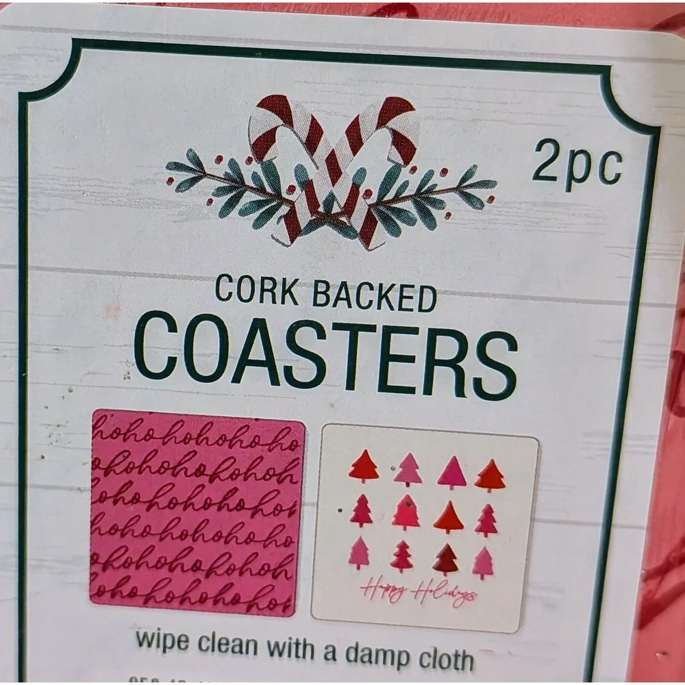 Set of 2- 2pc Cork Backed Coasters Happy Holidays Christmas Trees Pink Red White